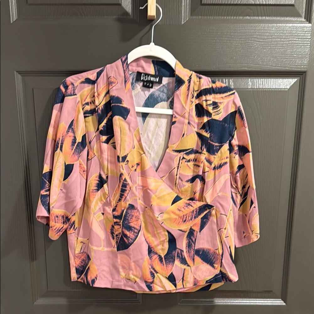 Anthropologie Rdalamal Pink Tropical Leaf Print Crop Wrap Top